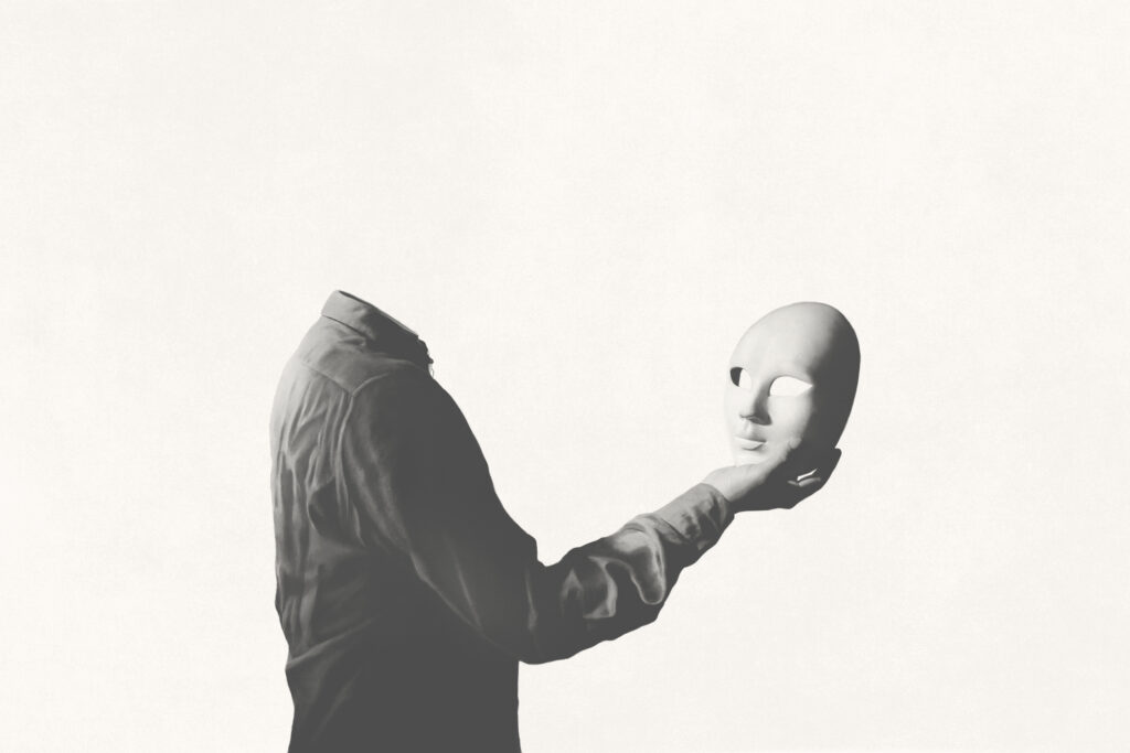 Illustration of man without face holding a mask, surreal abstract concept black and white