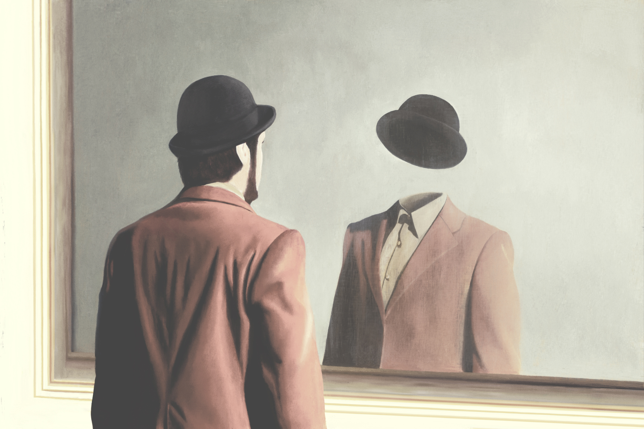 Illustration of man in front of mirror reflecting himself without face, identity absence surreal concept