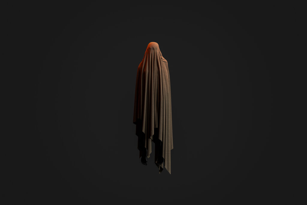 Unrecognizable ghost in long fabric from top to down on dark backdrop